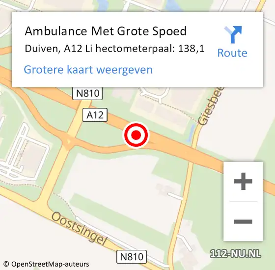 Locatie op kaart van de 112 melding: Ambulance Met Grote Spoed Naar Duiven, A12 L hectometerpaal: 141,0 op 27 oktober 2017 10:50