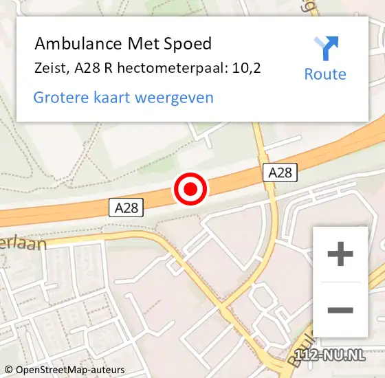 Locatie op kaart van de 112 melding: Ambulance Met Spoed Naar Zeist, A28 R hectometerpaal: 10,2 op 27 oktober 2017 16:32