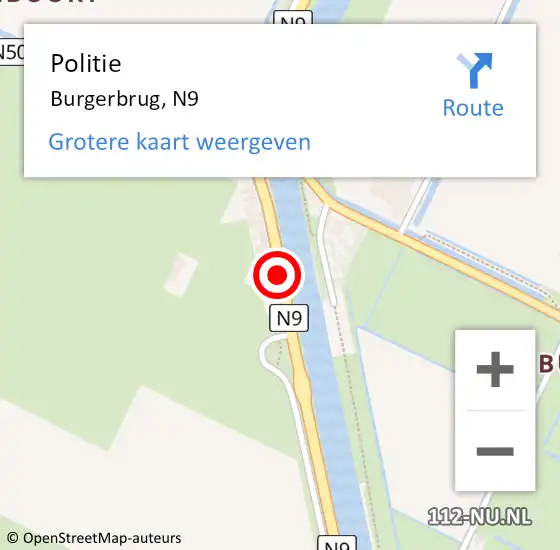 Locatie op kaart van de 112 melding: Politie Burgerbrug, N9 op 30 oktober 2017 18:08
