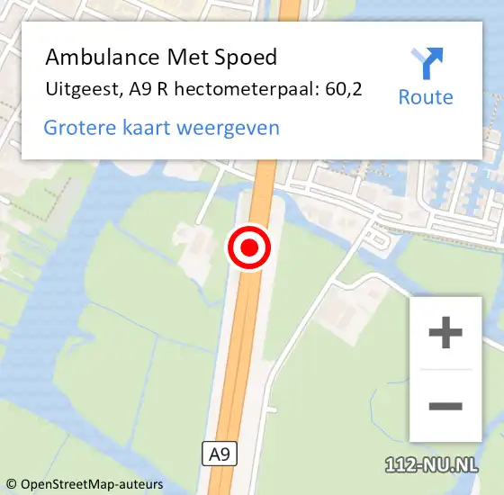 Locatie op kaart van de 112 melding: Ambulance Met Spoed Naar Uitgeest, A9 R hectometerpaal: 60,2 op 1 november 2017 07:55