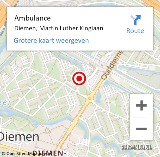 Locatie op kaart van de 112 melding: Ambulance Diemen, Martin Luther Kinglaan op 1 november 2017 08:02