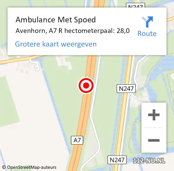 Locatie op kaart van de 112 melding: Ambulance Met Spoed Naar Avenhorn, A7 R hectometerpaal: 28,0 op 2 november 2017 14:43
