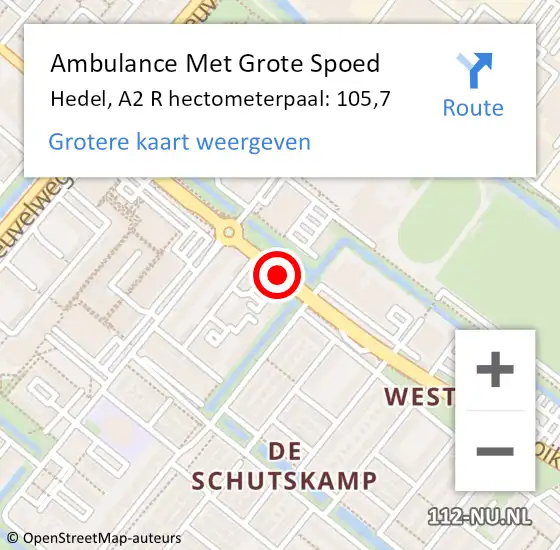 Locatie op kaart van de 112 melding: Ambulance Met Grote Spoed Naar Hedel, A2 R hectometerpaal: 105,7 op 3 november 2017 08:43