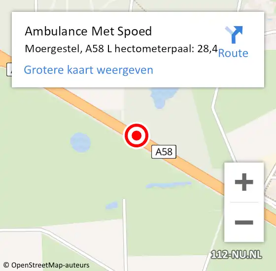 Locatie op kaart van de 112 melding: Ambulance Met Spoed Naar Moergestel, A58 L hectometerpaal: 28,4 op 3 november 2017 18:18