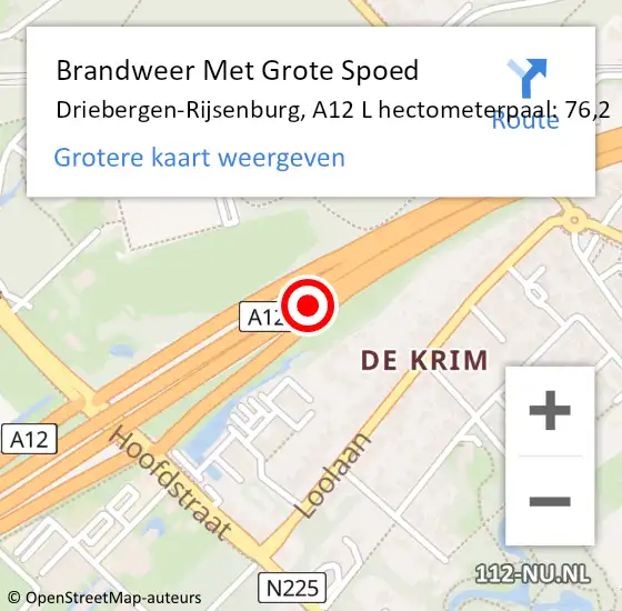 Locatie op kaart van de 112 melding: Brandweer Met Grote Spoed Naar Driebergen-Rijsenburg, A12 R hectometerpaal: 75,0 op 4 november 2017 12:01