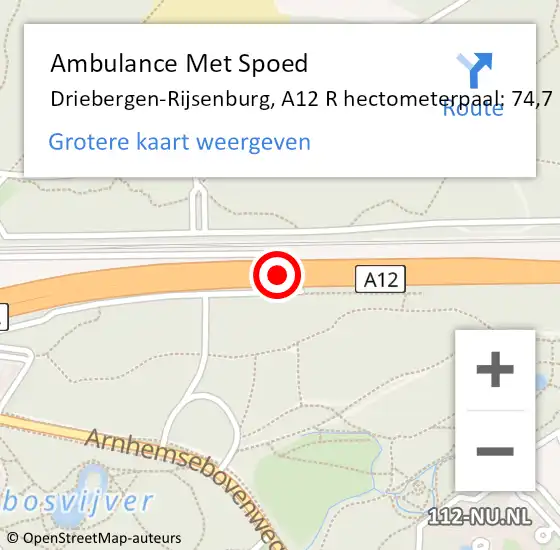 Locatie op kaart van de 112 melding: Ambulance Met Spoed Naar Driebergen-Rijsenburg, A12 R hectometerpaal: 74,7 op 4 november 2017 12:39