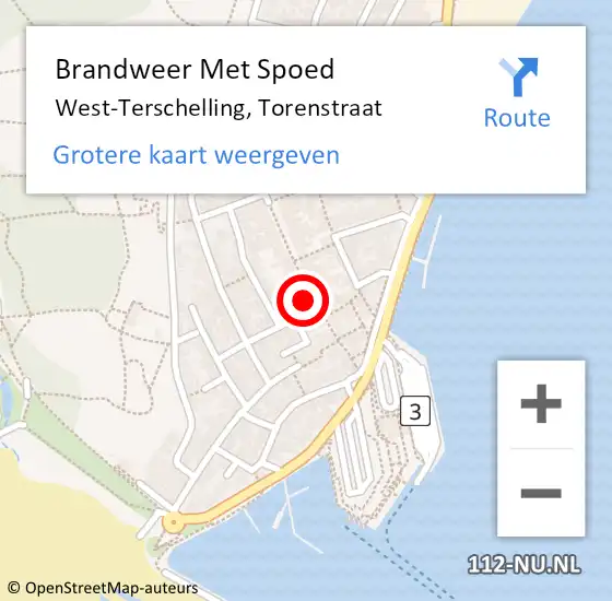 Locatie op kaart van de 112 melding: Brandweer Met Spoed Naar West-Terschelling, Torenstraat op 6 november 2017 09:17