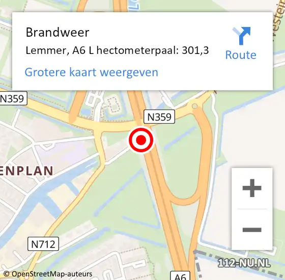 Locatie op kaart van de 112 melding: Brandweer Lemmer, A6 L hectometerpaal: 301,3 op 6 november 2017 15:06