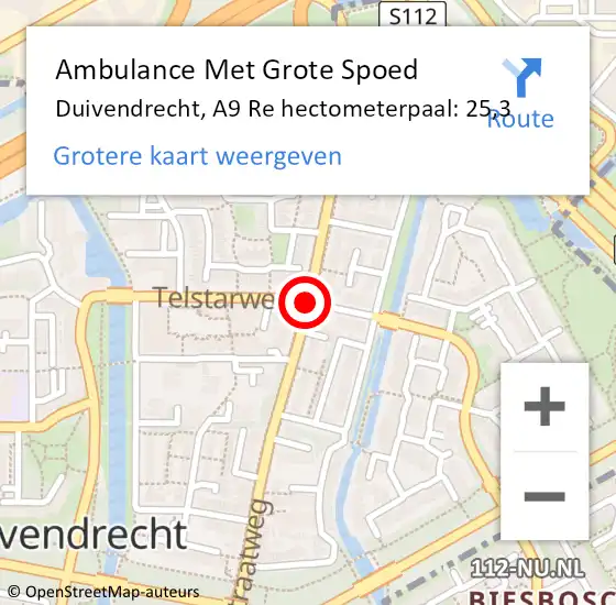 Locatie op kaart van de 112 melding: Ambulance Met Grote Spoed Naar Duivendrecht, A10 Re hectometerpaal: 14,7 op 6 november 2017 15:41