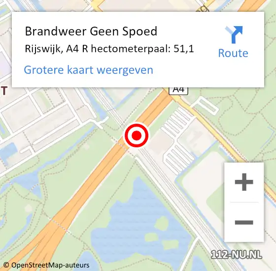 Locatie op kaart van de 112 melding: Brandweer Geen Spoed Naar Rijswijk, A4 R hectometerpaal: 51,1 op 6 november 2017 15:52