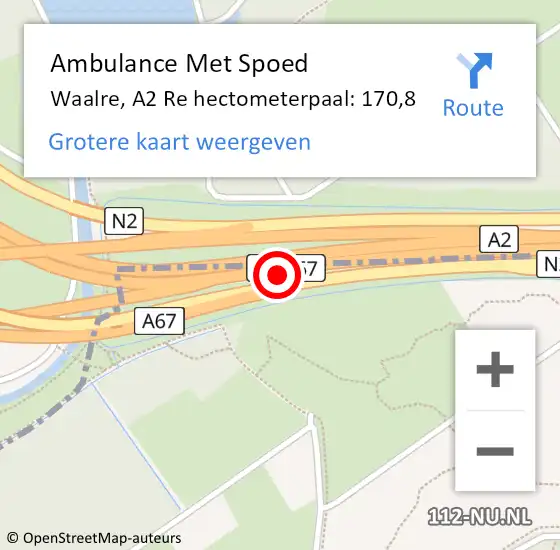 Locatie op kaart van de 112 melding: Ambulance Met Spoed Naar Waalre, A2 Li hectometerpaal: 170,6 op 8 november 2017 07:35