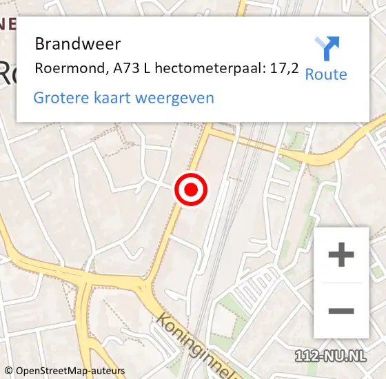 Locatie op kaart van de 112 melding: Brandweer Roermond, A73 L hectometerpaal: 17,2 op 8 november 2017 09:45