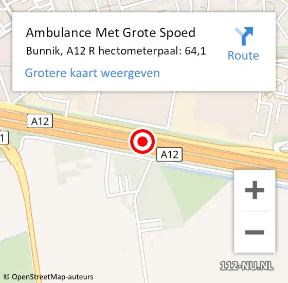 Locatie op kaart van de 112 melding: Ambulance Met Grote Spoed Naar Bunnik, A12 R hectometerpaal: 65,9 op 9 november 2017 18:04