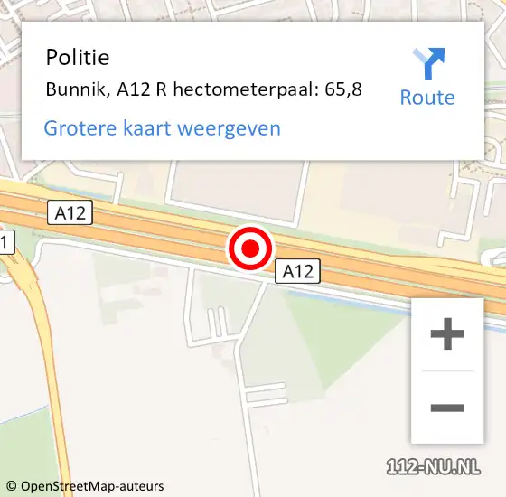 Locatie op kaart van de 112 melding: Politie Bunnik, A12 R hectometerpaal: 65,8 op 9 november 2017 18:05