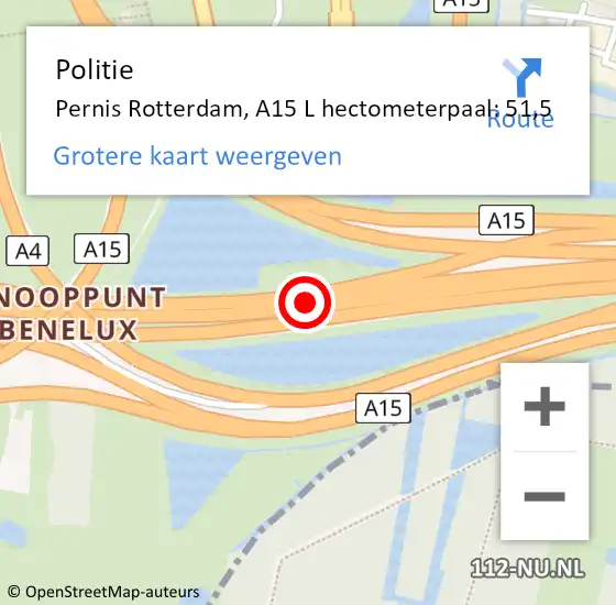 Locatie op kaart van de 112 melding: Politie Pernis, A15 L hectometerpaal: 51,7 op 10 november 2017 17:47