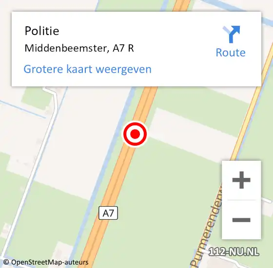 Locatie op kaart van de 112 melding: Politie Middenbeemster, A7 R op 10 november 2017 18:08