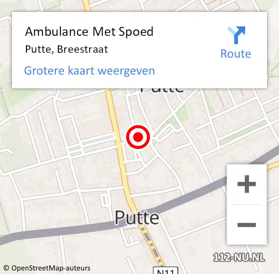 Locatie op kaart van de 112 melding: Ambulance Met Spoed Naar Putte, Breestraat op 11 november 2017 02:18