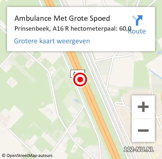 Locatie op kaart van de 112 melding: Ambulance Met Grote Spoed Naar Prinsenbeek, A16 R hectometerpaal: 60,0 op 11 november 2017 23:48