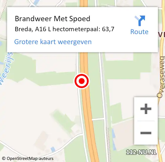 Locatie op kaart van de 112 melding: Brandweer Met Spoed Naar Breda, A16 L hectometerpaal: 63,7 op 13 november 2017 06:39