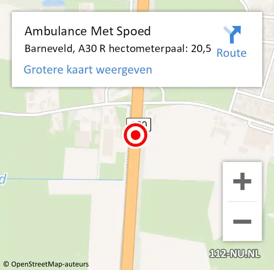 Locatie op kaart van de 112 melding: Ambulance Met Spoed Naar Barneveld, A30 R hectometerpaal: 20,5 op 13 november 2017 07:57