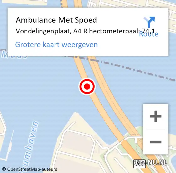 Locatie op kaart van de 112 melding: Ambulance Met Spoed Naar Vondelingenplaat, A4 L hectometerpaal: 74,9 op 14 november 2017 19:02