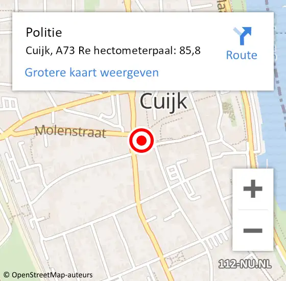 Locatie op kaart van de 112 melding: Politie Cuijk, A73 Re hectometerpaal: 85,5 op 15 november 2017 08:06