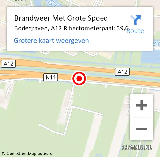 Locatie op kaart van de 112 melding: Brandweer Met Grote Spoed Naar Bodegraven, A12 R hectometerpaal: 39,4 op 15 november 2017 11:24
