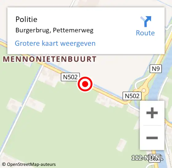 Locatie op kaart van de 112 melding: Politie Burgerbrug, Pettemerweg op 15 november 2017 14:16