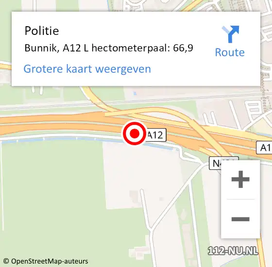 Locatie op kaart van de 112 melding: Politie Bunnik, A12 L hectometerpaal: 66,9 op 16 november 2017 09:36