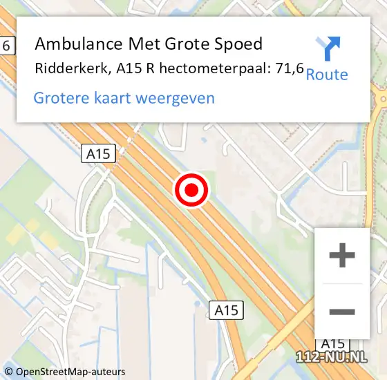 Locatie op kaart van de 112 melding: Ambulance Met Grote Spoed Naar Ridderkerk, A15 R hectometerpaal: 71,6 op 17 november 2017 12:06