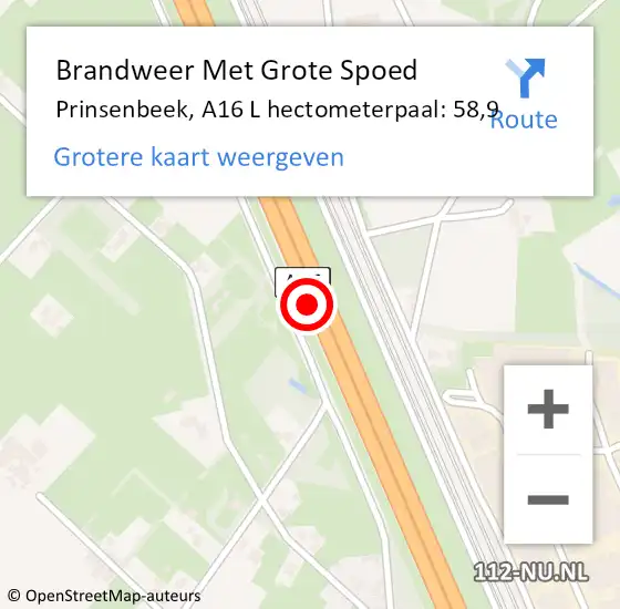 Locatie op kaart van de 112 melding: Brandweer Met Grote Spoed Naar Prinsenbeek, A16 R hectometerpaal: 57,0 op 20 november 2017 18:49