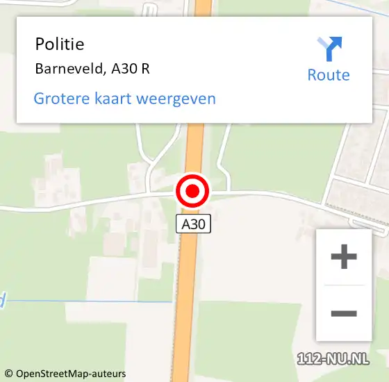 Locatie op kaart van de 112 melding: Politie Barneveld, A30 R op 20 november 2017 19:36