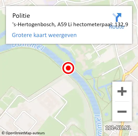 Locatie op kaart van de 112 melding: Politie 's-Hertogenbosch, A59 Li hectometerpaal: 132,5 op 21 november 2017 09:11