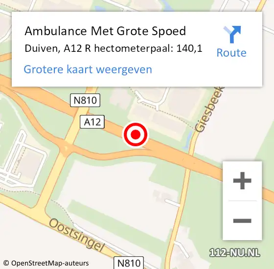 Locatie op kaart van de 112 melding: Ambulance Met Grote Spoed Naar Duiven, A12 L hectometerpaal: 140,0 op 21 november 2017 11:44