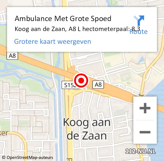 Locatie op kaart van de 112 melding: Ambulance Met Grote Spoed Naar Koog aan de Zaan, A8 L hectometerpaal: 8,3 op 22 november 2017 10:44