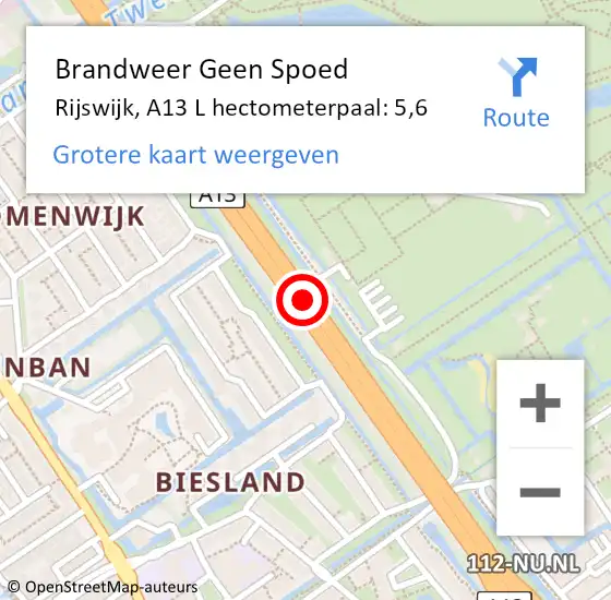 Locatie op kaart van de 112 melding: Brandweer Geen Spoed Naar Rijswijk, A13 L hectometerpaal: 5,6 op 25 november 2017 01:00