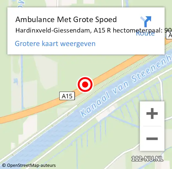 Locatie op kaart van de 112 melding: Ambulance Met Grote Spoed Naar Hardinxveld-Giessendam, A15 R hectometerpaal: 90,5 op 25 november 2017 11:49
