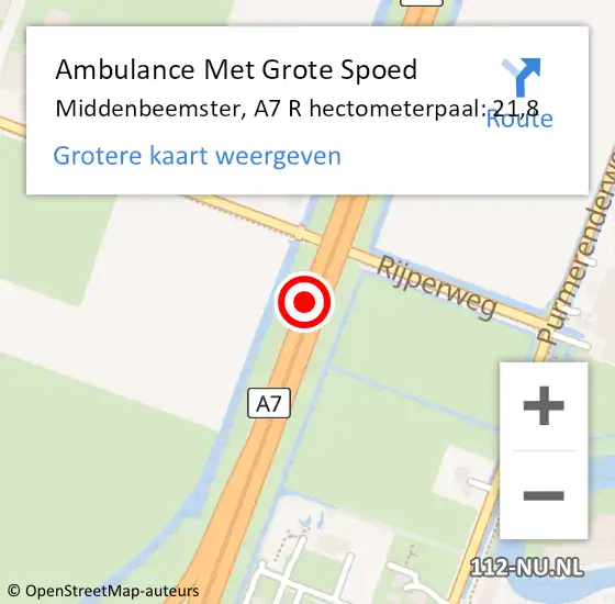 Locatie op kaart van de 112 melding: Ambulance Met Grote Spoed Naar Middenbeemster, A7 R hectometerpaal: 21,8 op 26 november 2017 06:41