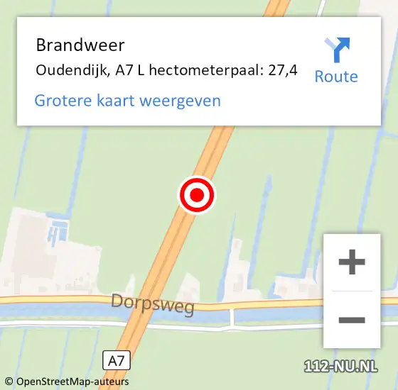 Locatie op kaart van de 112 melding: Brandweer Oudendijk, A7 R hectometerpaal: 25,5 op 28 november 2017 15:26