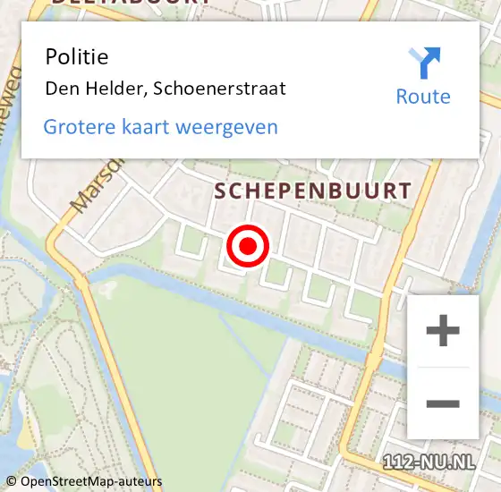 Locatie op kaart van de 112 melding: Politie Den Helder, Schoenerstraat op 1 december 2017 08:21