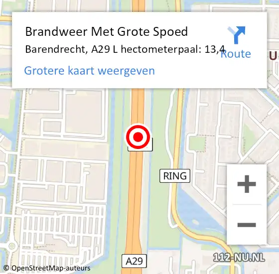 Locatie op kaart van de 112 melding: Brandweer Met Grote Spoed Naar Barendrecht, A29 L hectometerpaal: 9,7 op 1 december 2017 09:47