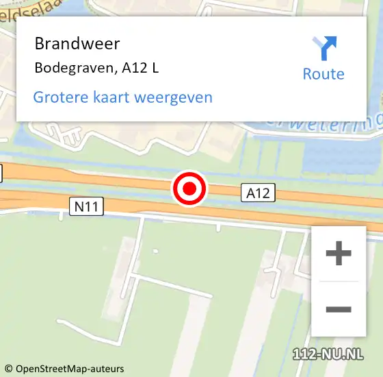 Locatie op kaart van de 112 melding: Brandweer Bodegraven, A12 L op 1 december 2017 09:55