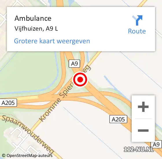 Locatie op kaart van de 112 melding: Ambulance Vijfhuizen, A9 L op 2 december 2017 06:05