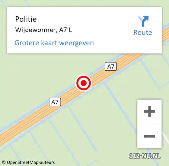 Locatie op kaart van de 112 melding: Politie Wijdewormer, A7 L op 3 december 2017 00:27