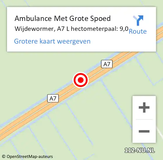 Locatie op kaart van de 112 melding: Ambulance Met Grote Spoed Naar Wijdewormer, A7 L hectometerpaal: 9,0 op 3 december 2017 00:27