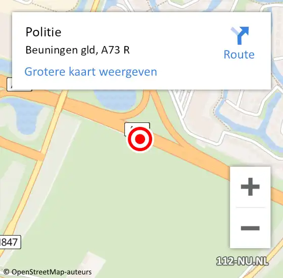 Locatie op kaart van de 112 melding: Politie Beuningen gld, A73 R op 4 december 2017 07:04