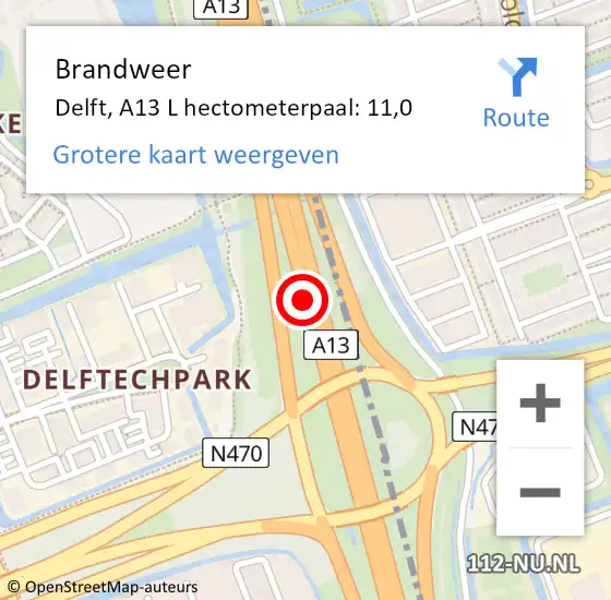 Locatie op kaart van de 112 melding: Brandweer Delft, A13 L hectometerpaal: 9,2 op 4 december 2017 15:18
