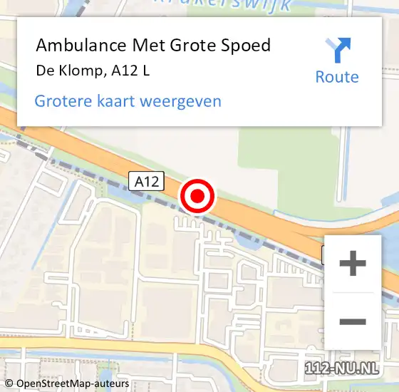 Locatie op kaart van de 112 melding: Ambulance Met Grote Spoed Naar De Klomp, A12 L hectometerpaal: 103,6 op 4 december 2017 17:54
