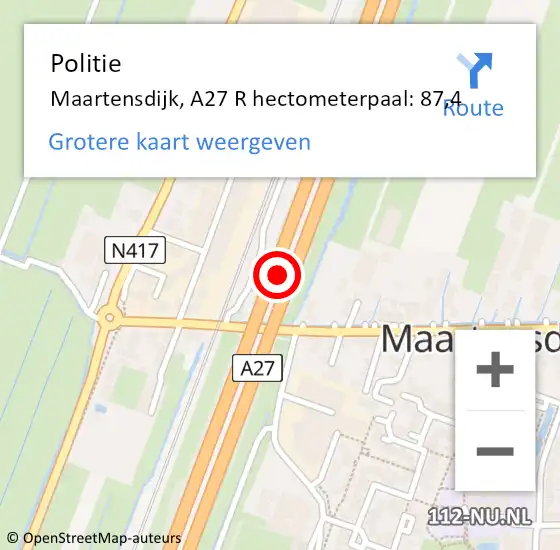 Locatie op kaart van de 112 melding: Politie Maartensdijk, A27 R hectometerpaal: 86,9 op 7 december 2017 08:00