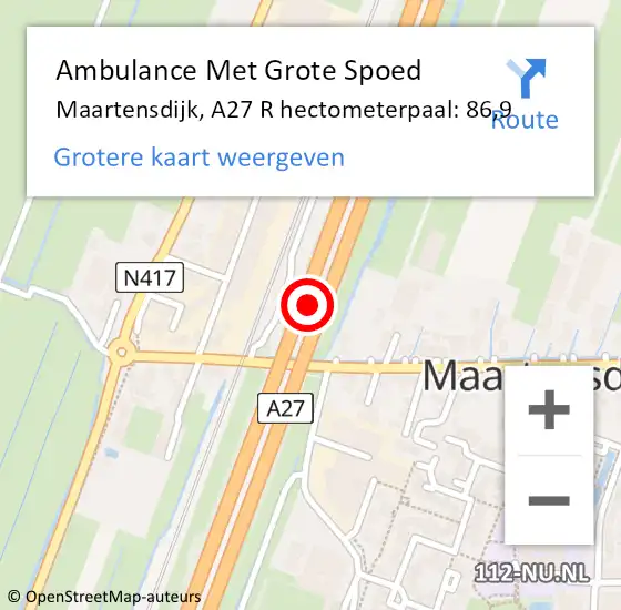 Locatie op kaart van de 112 melding: Ambulance Met Grote Spoed Naar Maartensdijk, A27 R hectometerpaal: 86,9 op 7 december 2017 08:01
